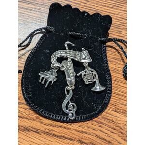 Vintage Silver Tone Dangling Musical Instruments Brooch Pin 2.5 inches long